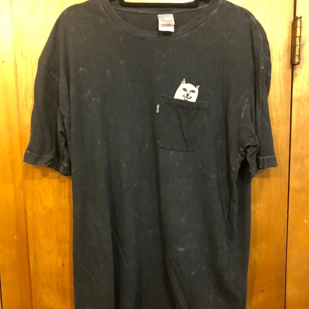 Black distressed t shirt with peek-a-boo pocket
